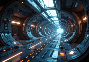 Futuristic spaceship corridor leading to bright light