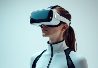 Woman wearing virtual reality headset experiencing metaverse