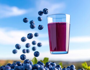 Fresh Blueberry Juice and Berries Against a Bright Sky Backdrop