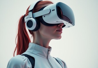 Woman wearing virtual reality headset exploring metaverse