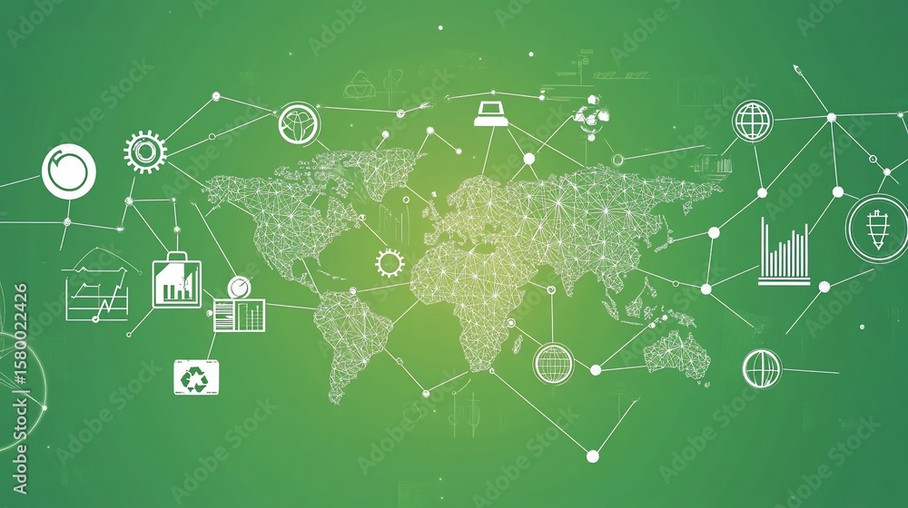 Aufkleber global network connection and data visualization on green background