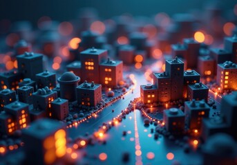 Miniature city at night with glowing streets connecting buildings