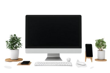 Modern minimalist workspace setup with plants.