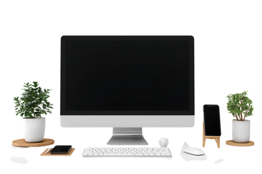 Modern minimalist workspace setup with plants.