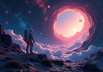 Astronaut standing on a cliff observing a pink wormhole in space
