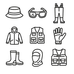 Icons boots apparel icon hat fishing polarized gloves sun vector jacket sunglasses