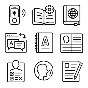Vector form icon notebook chart translator tools recorder language dictionary icons audio