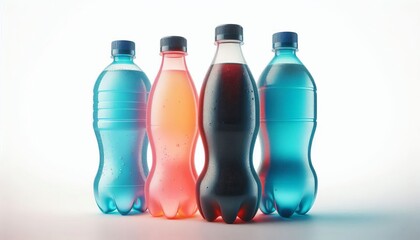 Plastic bottles of soft drinks of various flavors on a white background.