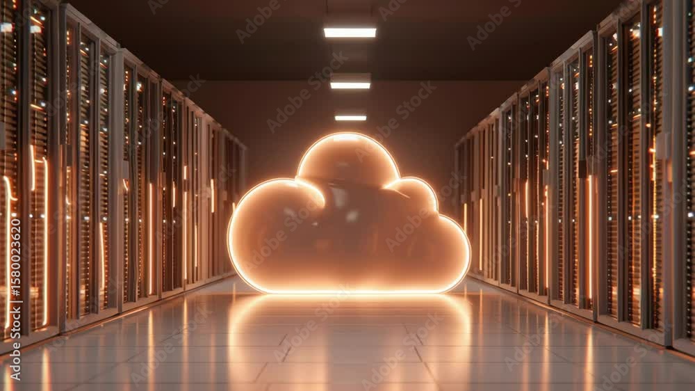 Poster modern cloud computing symbol in a data center with glowing servers and futuristic atmosphere