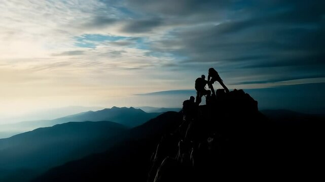 Climber teamwork and adventure mountain peak with inspiring nature, dramatic sky, mountain range silhouette of climbers supporting each other sunrise, outdoor success, hiking, and teamwork adventure