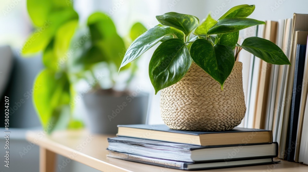 Poster decorative plant placed on a stack of books, creating a reading nook vibe