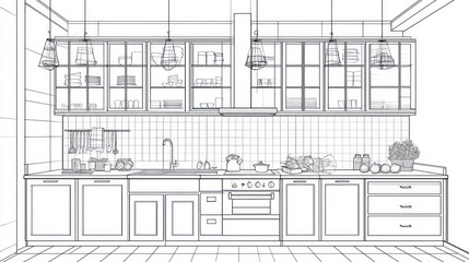 Fototapeta premium Line drawing of a modern kitchen design.