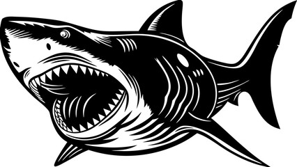 Ferocious Shark Vector Art – Black and White Ocean Predator Illustration