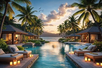 Fototapeta premium Tropical Resort Adventure Banner Showcasing Breathtaking Scenery and Elegant Villas
