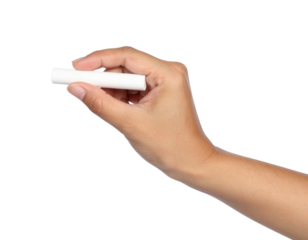 A hand holding a piece of white chalk against a black background, ready for writing or drawing.