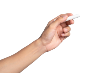 A hand holding a piece of white chalk against a black background.
