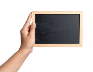 A hand holding a small, empty blackboard with a wooden frame against a black background.