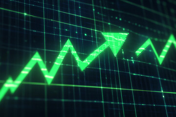 Naklejka premium Bull market concept with vivid green arrow against dark grid