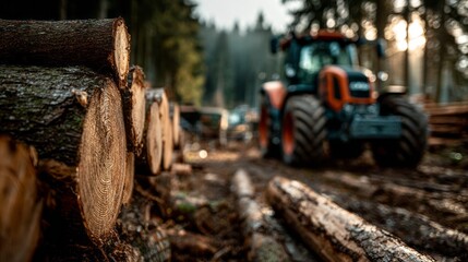 Stacked logs in the forest and a tractor in the background