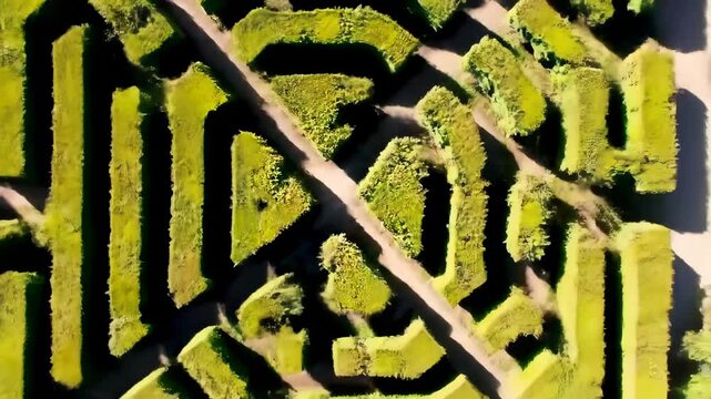 Aerial view of a large green hedge maze pattern
