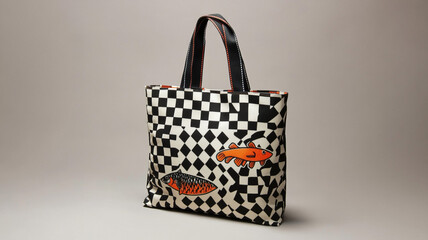 Checkerboard tote with euro fish tapas logo and bold Italy type