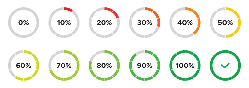 Loading circles and progress circles from 0 to 100 percent. loading bar circle. solid and line icon set. vector illustration. eps file.