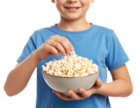 A child wearing a blue shirt is holding a bowl filled with popcorn and reaching in to grab some.