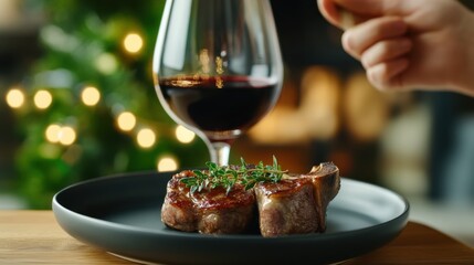 Elegant food shot: roasted lamb chops garnished with thyme and served with red wine