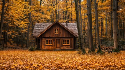 Cozy Wooden Cabin Nestled in Golden Autumn Forest with Vibrant Foliage