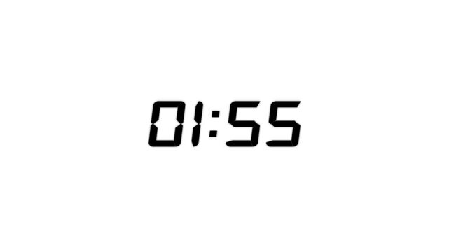 2 minutes digital countdown timer animation from 120 seconds to 0 seconds on transparent background with alpha channel on solid background.
