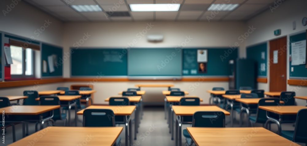 Poster classroom with rows of empty desks facing a chalkboard, presenting an academic atmosphere.