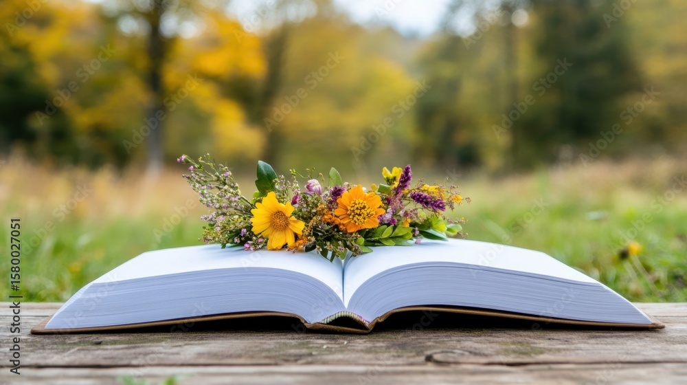Poster flat lay of open pages with a vibrant floral crown resting across the center
