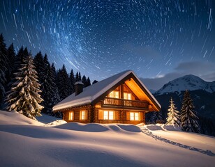 Naklejka premium Cozy log cabin in snowy mountain landscape at night