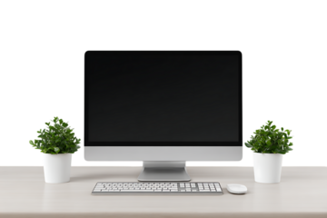 Clean desk with computer, keyboard, mouse, and plants.