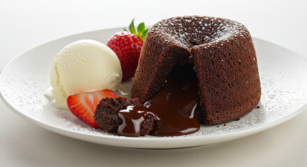 Delicious Chocolate Lava Cake with Ice Cream and Strawberry on White Plate - Close Up View