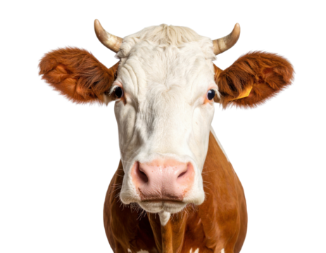 Close-up of a brown and white cow facing forward, showcasing its large ears, horns, and pink nose.