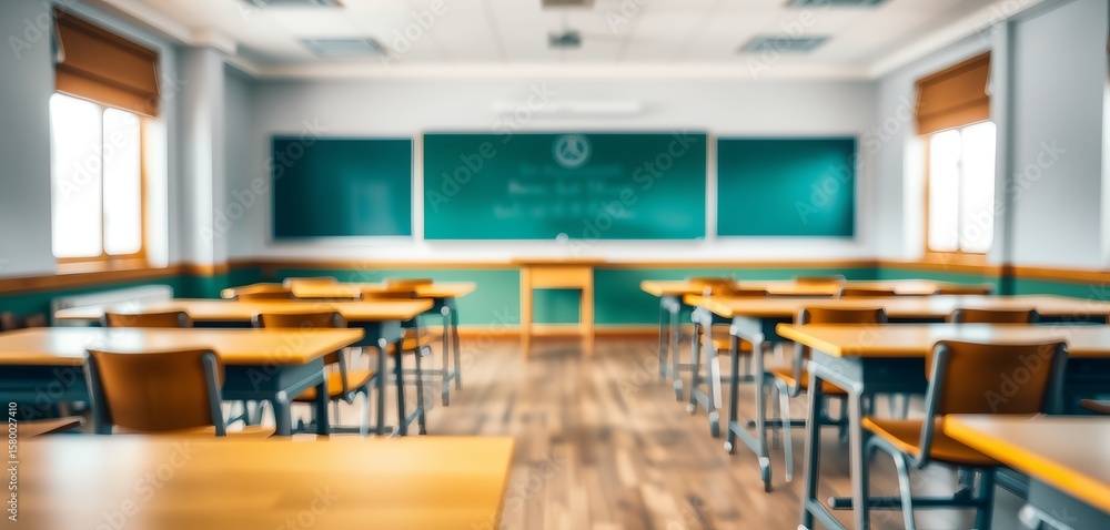 Poster view of a bright, empty classroom with rows of desks facing the green chalkboard at the front.