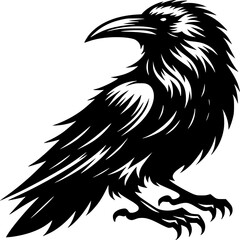 Obraz premium Raven Silhouette: A sleek, monochrome illustration of a raven, a symbol of mystery and intelligence, perched with its distinctive features sharply defined in a graphic silhouette style.