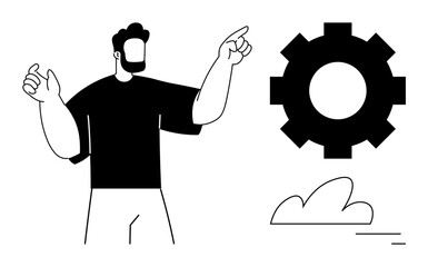 Man gesturing towards a large gear, symbolizing operation, innovation, or problem-solving. Cloud below suggests integration, networking, or technology. Ideal for teamwork, innovation tech concepts