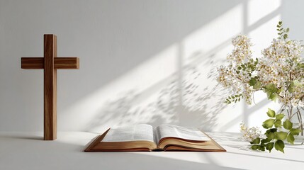 a background of a wooden cross with flower decoration