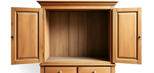 Rustic wooden cabinet with open doors reveals an empty interior space ready to be filled.