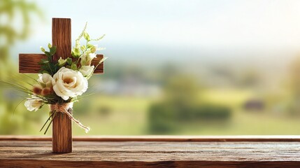 a background of a wooden cross with flower decoration
