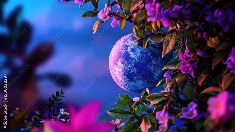 Fototapete floral vines wrap around a moon frame cradling earth, on a gradient background of twilight blues and