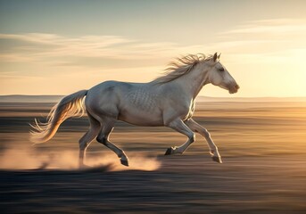 Fototapeta premium A powerful wild horse galloping freely across a plain at sunset