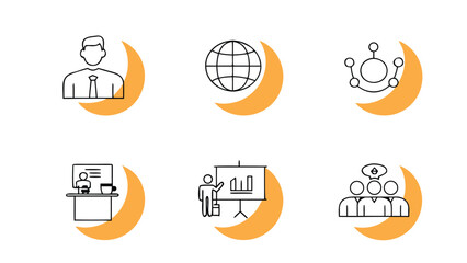 Business communication and teamwork icon set with global network presentation and office interaction symbolswork
