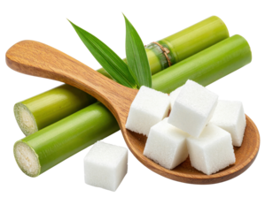 Green sugarcane stalks with fresh leaves alongside a wooden spoon holding white sugar cubes.