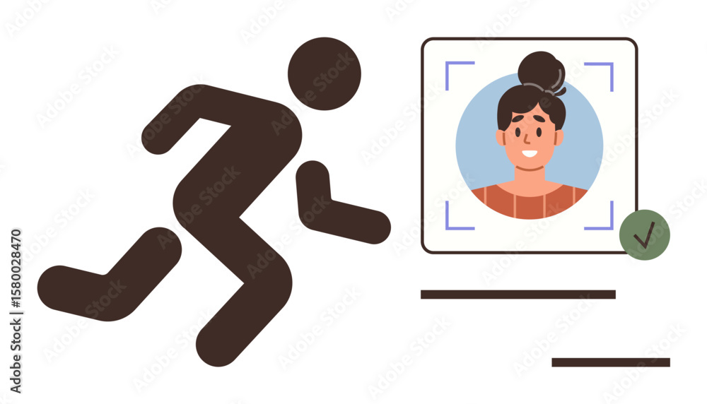 Poster running figure near digital profile with face scan and verification checkmark. ideal for id security