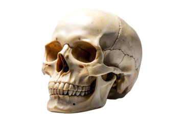 Anatomically Correct Human Skull on Black Background a macabre image showing the detail of the bone structure sutures teeth and eye sockets in a stark