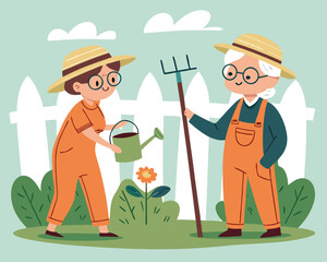 Vector art of an elderly couple happily gardening together in a backyard