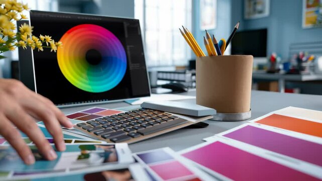 Color palette printed samples spread creative workspace with designer hand selecting colors near color wheel office desk with